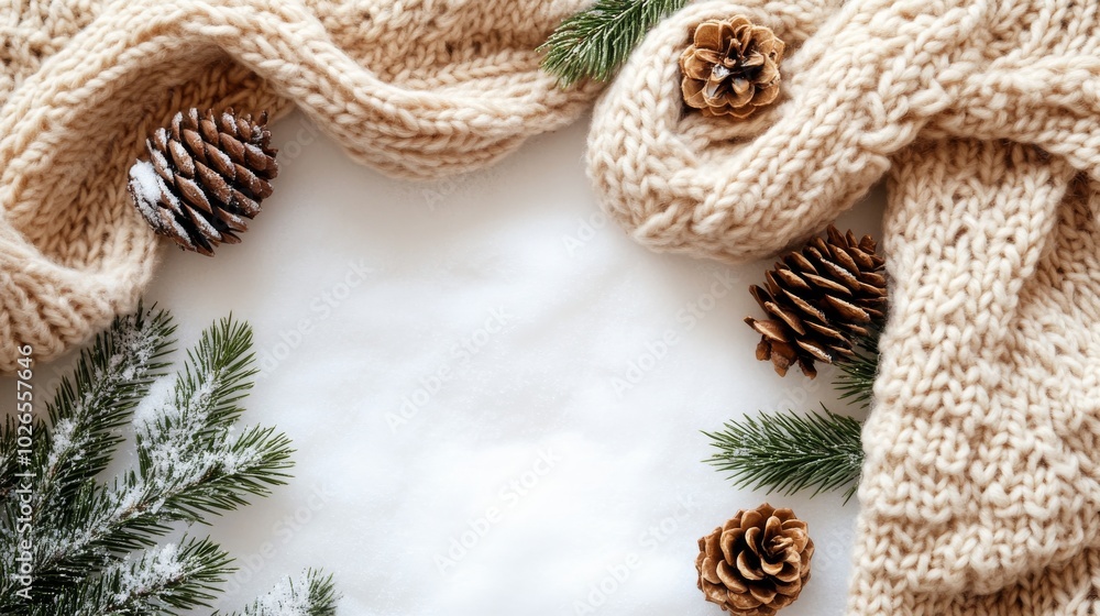 Fototapeta premium Beige Knit Scarf, Pine Branches and Pinecones on a White Background