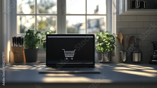 Laptop with a shopping cart icon on the screen in a bright kitchen environment with plants