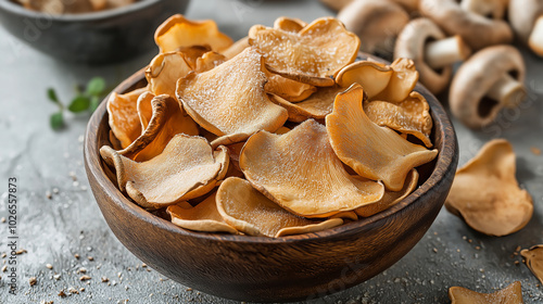 Rustic bowl of mushrooms chips on textured stone surface photo