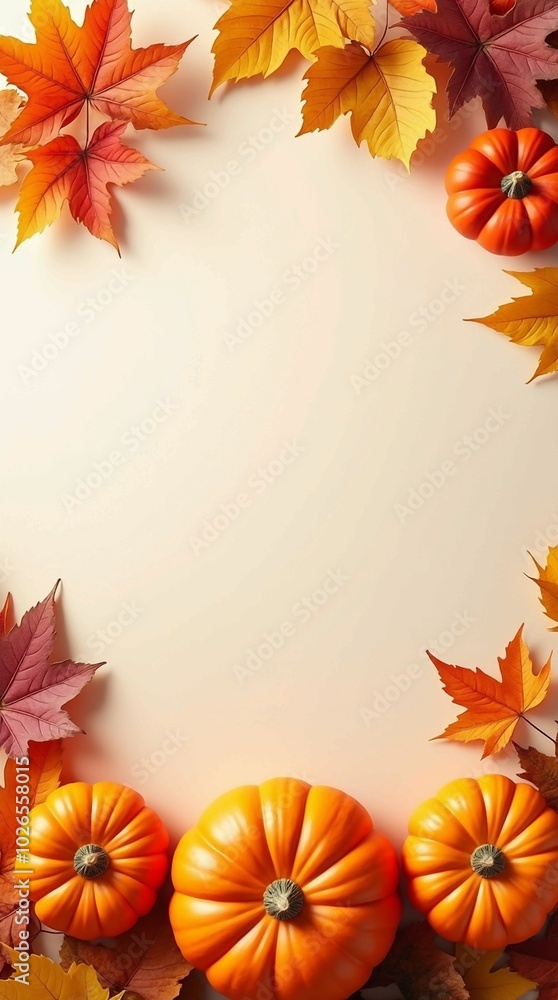 Autumn holiday background featuring pumpkins, colorful dried leaves, and fall decorations arranged at the bottom, leaving the top part empty. Flat lay, top view with copy space. Happy Thanksgiving, ha Autumn holiday background featuring pumpkins, colorful dried leaves, and fall decorations arranged at the bottom, leaving the top part empty. Flat lay, top view with copy space. Happy Thanksgiving, ha