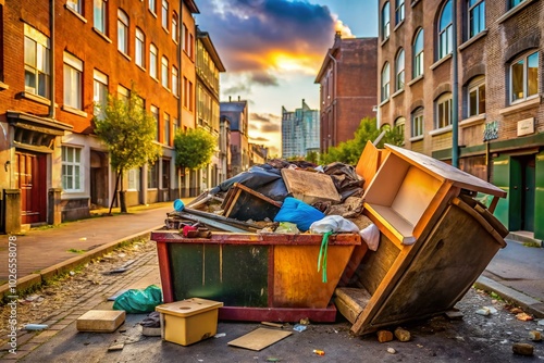 Candid Photography of a Rubbish Skip Overflowing with Discarded and Broken Items for Environmental Awareness