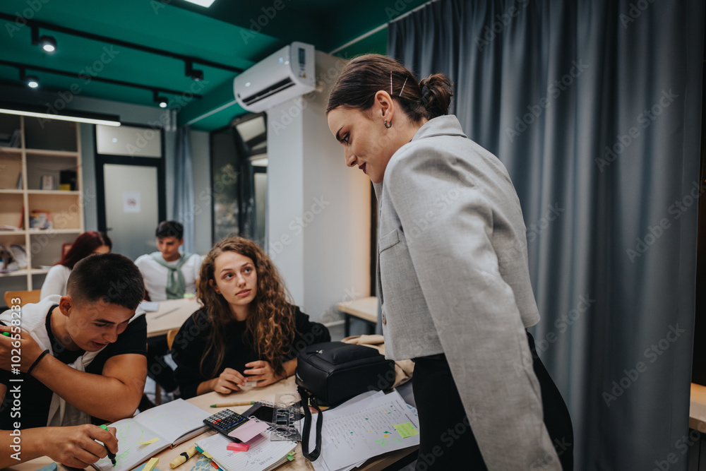 A teacher interacts with students in a contemporary classroom, fostering engagement and learning. The students show interest and involvement as they work on their assignments. A teacher interacts with students in a contemporary classroom, fostering engagement and learning. The students show interest and involvement as they work on their assignments.