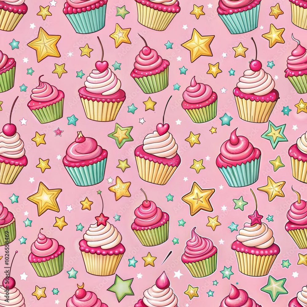 Playful pattern of colorful cupcakes and stars on a pink background, festive dessert design, sweet motifs Playful pattern of colorful cupcakes and stars on a pink background, festive dessert design, sweet motifs