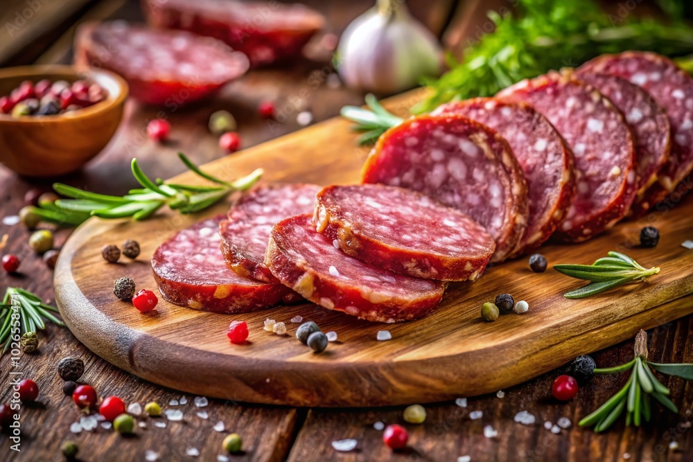 Candid Photography of Sliced Salami on a Rustic Wooden Board for Culinary Art Candid Photography of Sliced Salami on a Rustic Wooden Board for Culinary Art