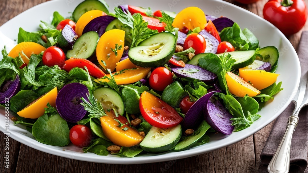 A colorful salad featuring fresh vegetables and greens, ideal for healthy eating. A colorful salad featuring fresh vegetables and greens, ideal for healthy eating.
