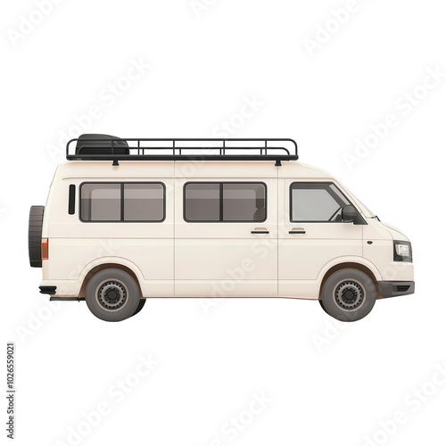 White van with roof rack, side view, isolated on white background.