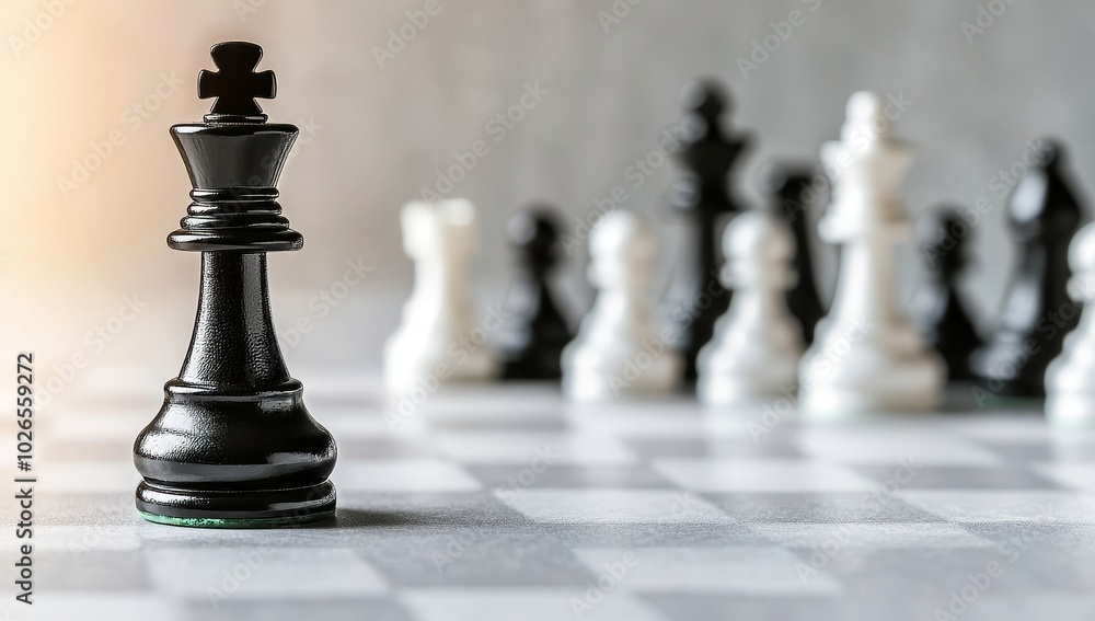 A strategic standoff featuring a black king poised before a line of black and white pawns on a checkered chessboard A strategic standoff featuring a black king poised before a line of black and white pawns on a checkered chessboard