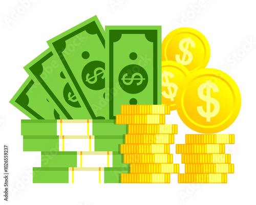 money, dollar and gold coin illustration reflecting currency, rich, luxury, millionaire, wealth, payment, buy and sell etc concept. silhouette vector eps illustration. 