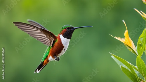 A colorful hummingbird hovering near a flower, showcasing nature's beauty and agility.