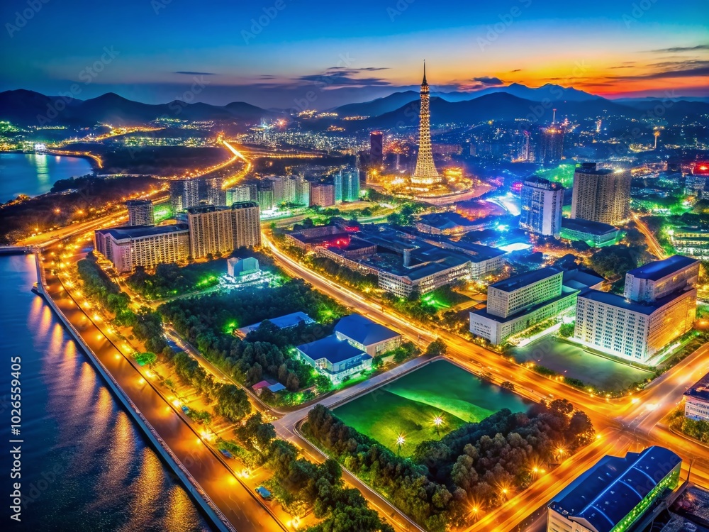 Fototapeta premium Stunning Aerial View of North Korea at Night: Illuminated Cities and Dark Landscapes from Space