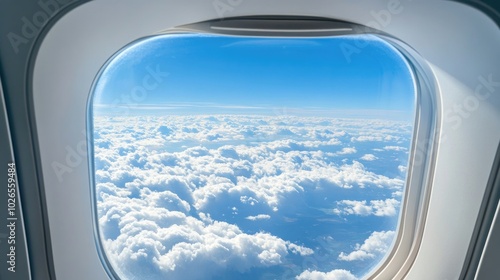 View of fluffy white clouds from an airplane window.