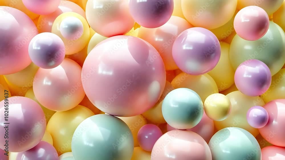 Close-up of pastel pink, yellow, and blue shiny spheres, abstract background. Close-up of pastel pink, yellow, and blue shiny spheres, abstract background.