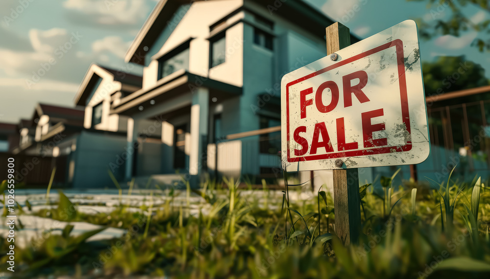 Obraz premium Yellow sign with the word rent on it is hanging from a metal pole. The sign is in front of a house
