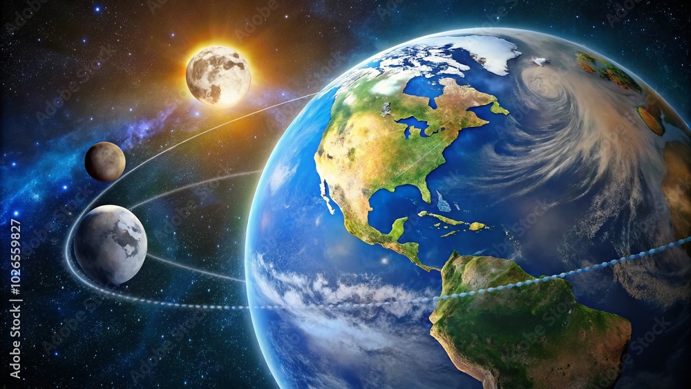 Obraz premium Stunning Animation of Moon Orbiting Earth with Realistic Paths and Phases for Educational and Scientific Purposes