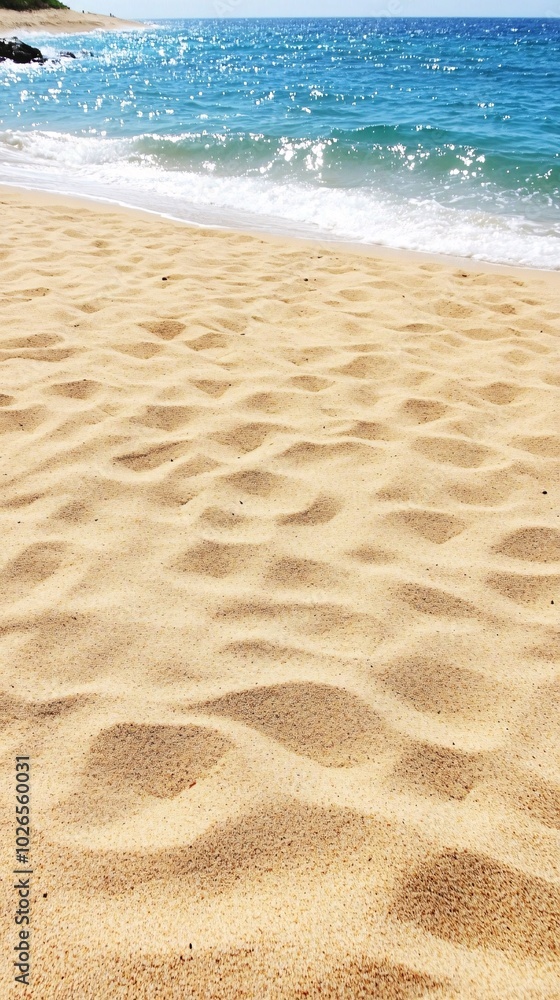 Close up of golden sand with blue ocean in background. Close up of golden sand with blue ocean in background.