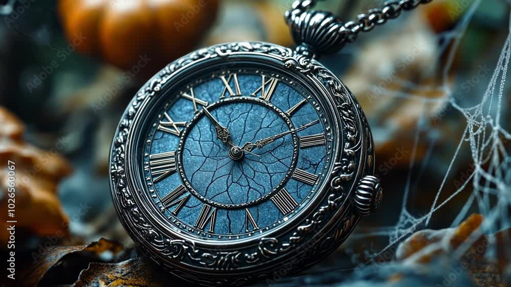 old pocket watch in cobwebs, watch on autumn background
