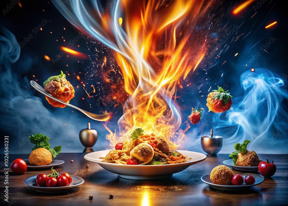 Fototapeta premium Captivating Food Photography with Swirling Light and Fireball Effects for Innovative Radiopharmaceuticals