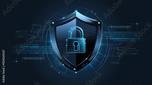 Abstract illustration of a shield with digital lines, binary code, and padlocks, symbolizing cybersecurity, data protection, and privacy, in a futuristic style with glowing elements. photo