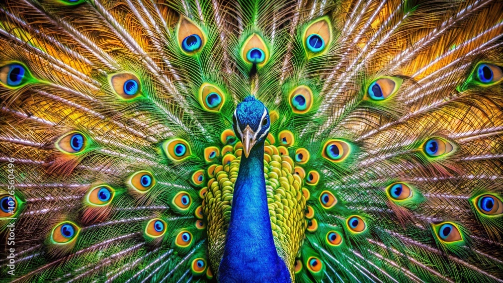 Obraz premium Stunning Beauty of a Vibrant Peacock Displaying Its Colorful Feathers in Nature's Splendor and Graceful Elegance