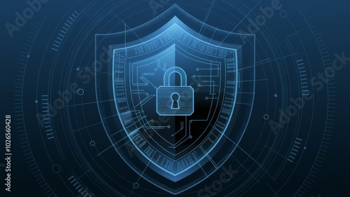 Abstract illustration of a shield with digital lines, binary code, and padlocks, symbolizing cybersecurity, data protection, and privacy, in a futuristic style with glowing elements. photo