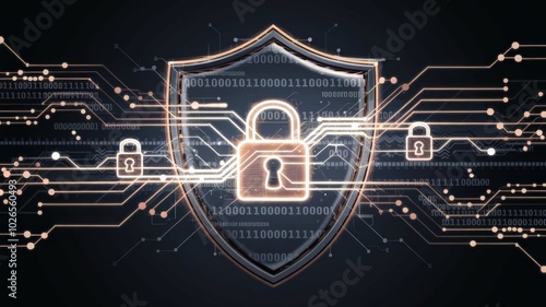 Abstract illustration of a shield with digital lines, binary code, and padlocks, symbolizing cybersecurity, data protection, and privacy, in a futuristic style with glowing elements. photo