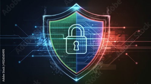 Abstract illustration of a shield with digital lines, binary code, and padlocks, symbolizing cybersecurity, data protection, and privacy, in a futuristic style with glowing elements. photo