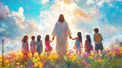 jesus christ holding hands with diverse group of people digital watercolor painting photo