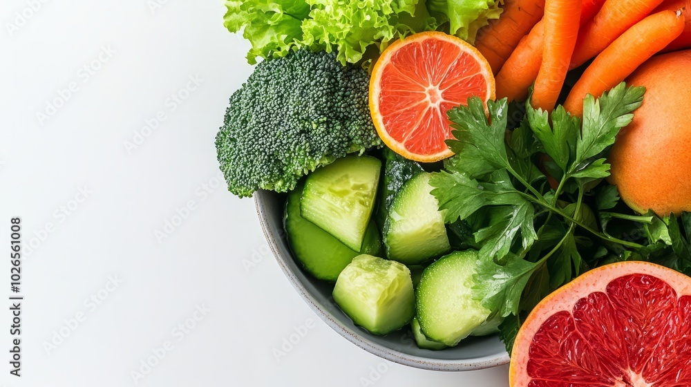 Banner for promotion of nutritionist services with close-up of fresh fruits and vegetables in a bowl. Banner for promotion of nutritionist services with close-up of fresh fruits and vegetables in a bowl.