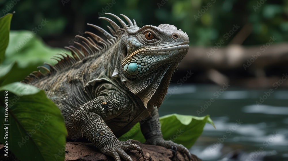 A close-up of a green iguana with a blue dewlap sitting on a log near a river in a lush tropical forest. A close-up of a green iguana with a blue dewlap sitting on a log near a river in a lush tropical forest.
