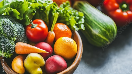 A clean and vibrant banner for promoting dietitian services, with a close-up of fresh fruits and vegetables in a bowl