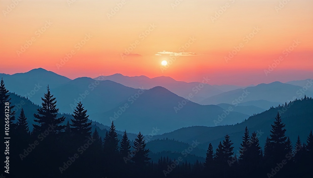 Obraz premium Majestic Sunrise Over Mountain Range With Pine Trees