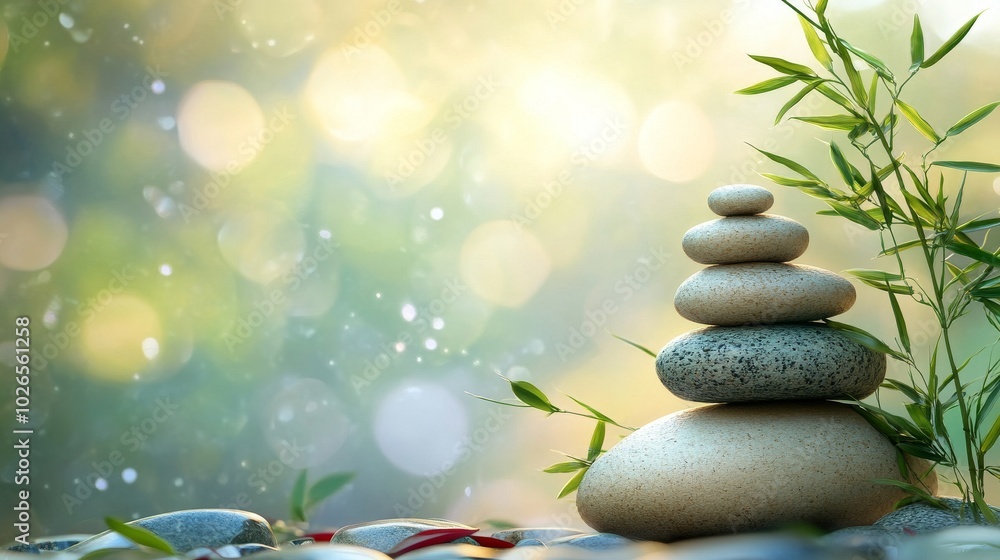 A Stack of Smooth River Rocks with a Branch of Bamboo in the Foreground A Stack of Smooth River Rocks with a Branch of Bamboo in the Foreground