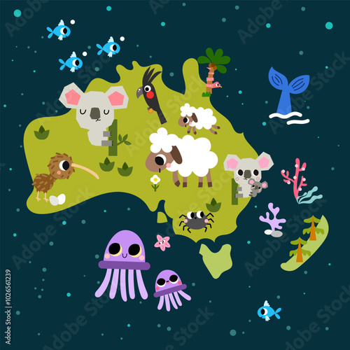 Cute world map Australia new Zealand hand drawn cartoon cute printable poster, sheep, koala marsupial animal