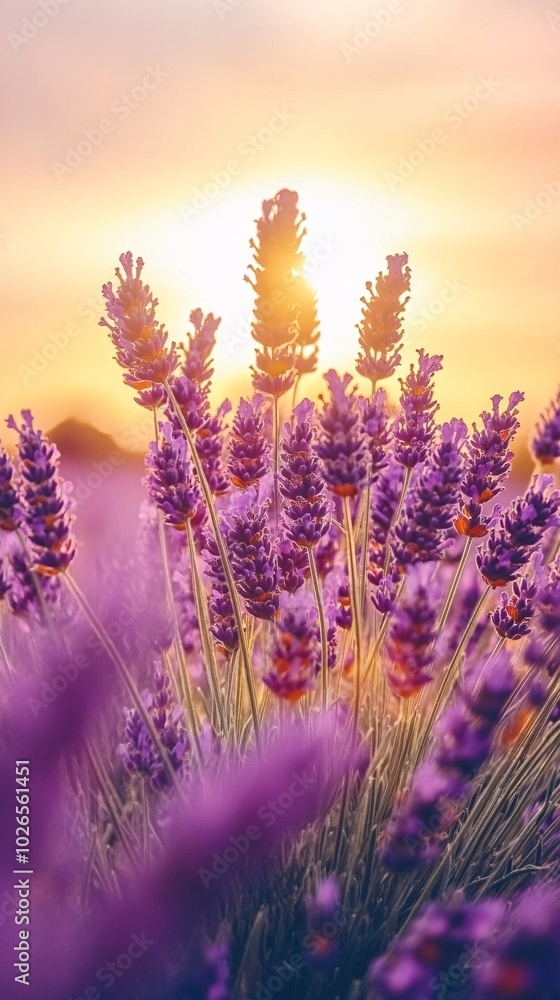 Obraz premium Lavender field at sunset with the sun shining through the flowers.