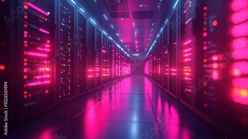 Captivating Glowing Server Room with Rows of Network Servers for Technological Insights