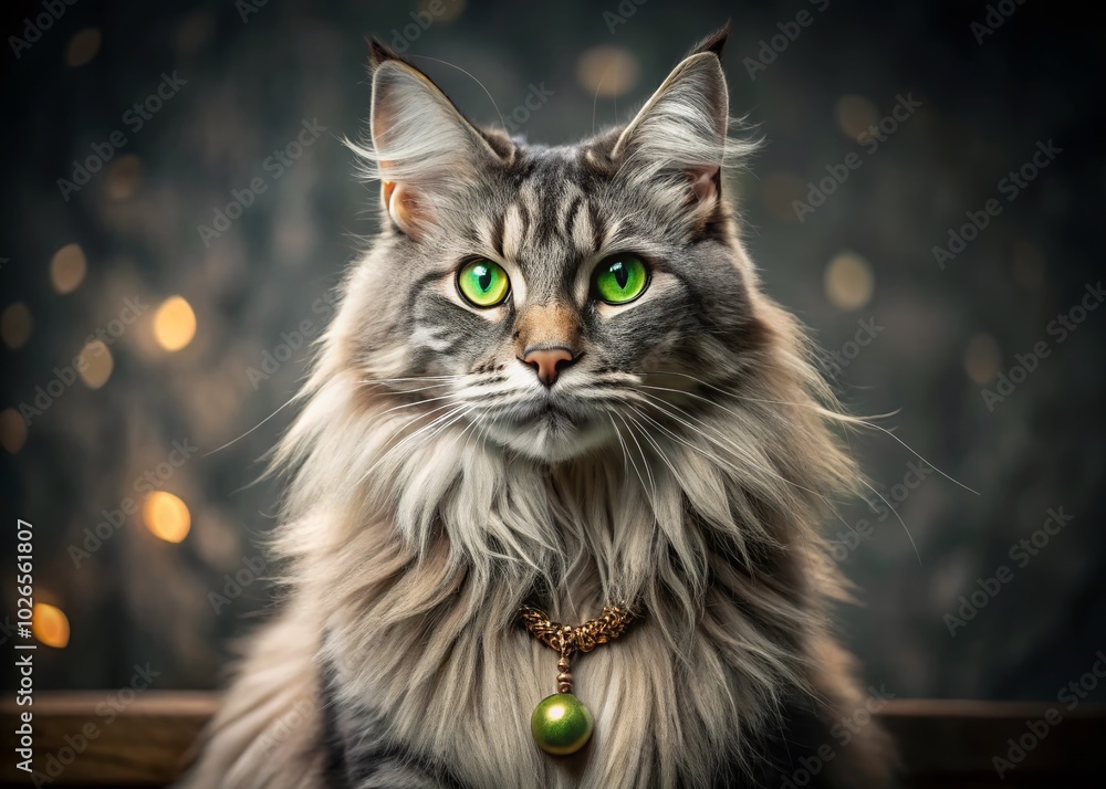 Captivating Maine Coon Cat with Striking Green Eyes and Luxurious Grey Fur in a Fashionable Setting Captivating Maine Coon Cat with Striking Green Eyes and Luxurious Grey Fur in a Fashionable Setting