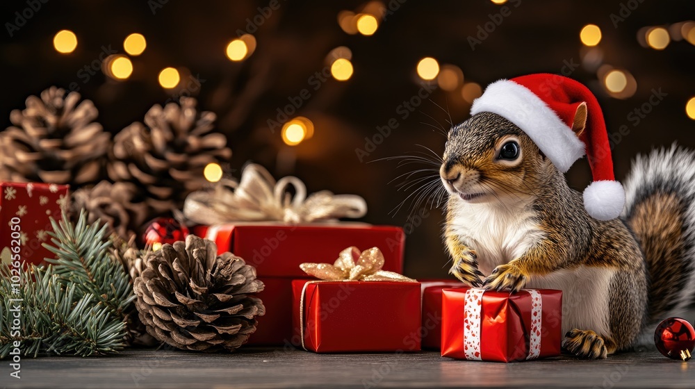 A charming squirrel wearing a Santa hat perches on a gift, surrounded by Christmas decorations and twinkling lights, capturing the festive spirit of the holiday season A charming squirrel wearing a Santa hat perches on a gift, surrounded by Christmas decorations and twinkling lights, capturing the festive spirit of the holiday season