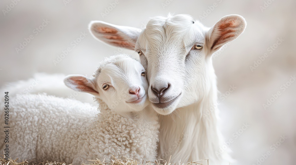Tender Bond: Mother White Goat Nuzzling Newborn Kid in High-Quality Barnyard Product Photography Style Tender Bond: Mother White Goat Nuzzling Newborn Kid in High-Quality Barnyard Product Photography Style