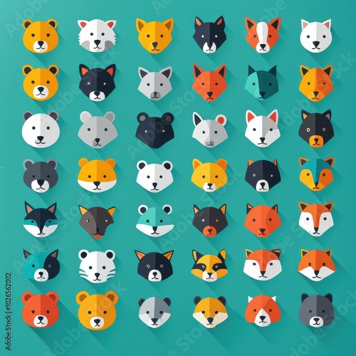 A colorful grid of stylized animal faces, showcasing various species in a playful design.