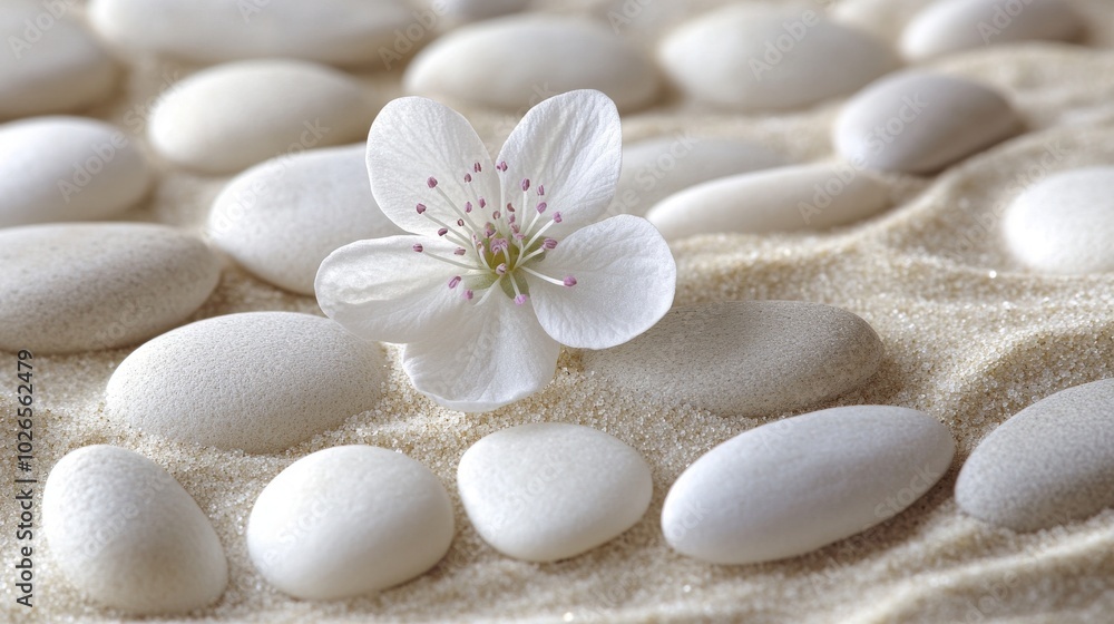 White Flower Blossom Surrounded by Smooth White Stones on a Sandy Surface White Flower Blossom Surrounded by Smooth White Stones on a Sandy Surface