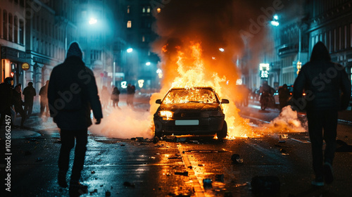 Silhouette of burning car in street with rioting people at night. Vandals ruin the auto car in the city. Damage to a bombed building, the consequences of vandalism.
