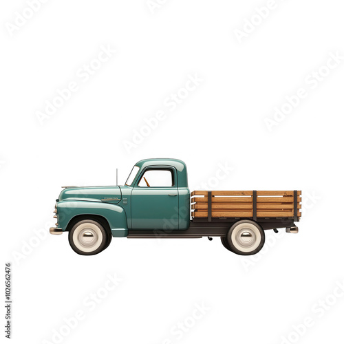 Vintage teal pickup truck with wooden bed, white isolate background.