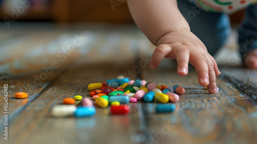Toddler baby child's hand reaching for medical pills lying on the table. The danger of leaving tablets in places easily accessible to children. Medication drug poisoning concept