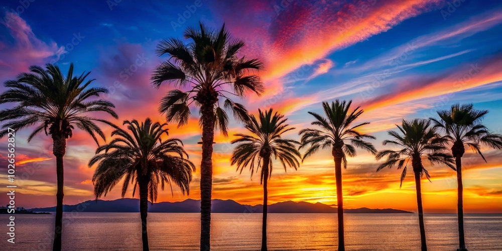 Naklejka premium Captivating silhouettes capture the beauty of Hyères Les Palmiers at sunset, showcasing vibrant colors and dramatic shadows that create an