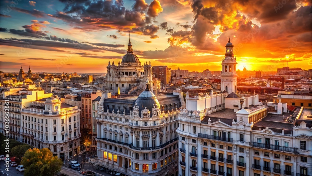 Fototapeta premium Captivating Silhouettes of Madrid Skyline at Sunset - Stunning Urban Landscape Photography