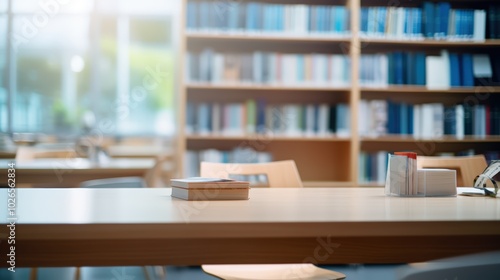 Office interior with bookshelves and stationery, close-up of documents