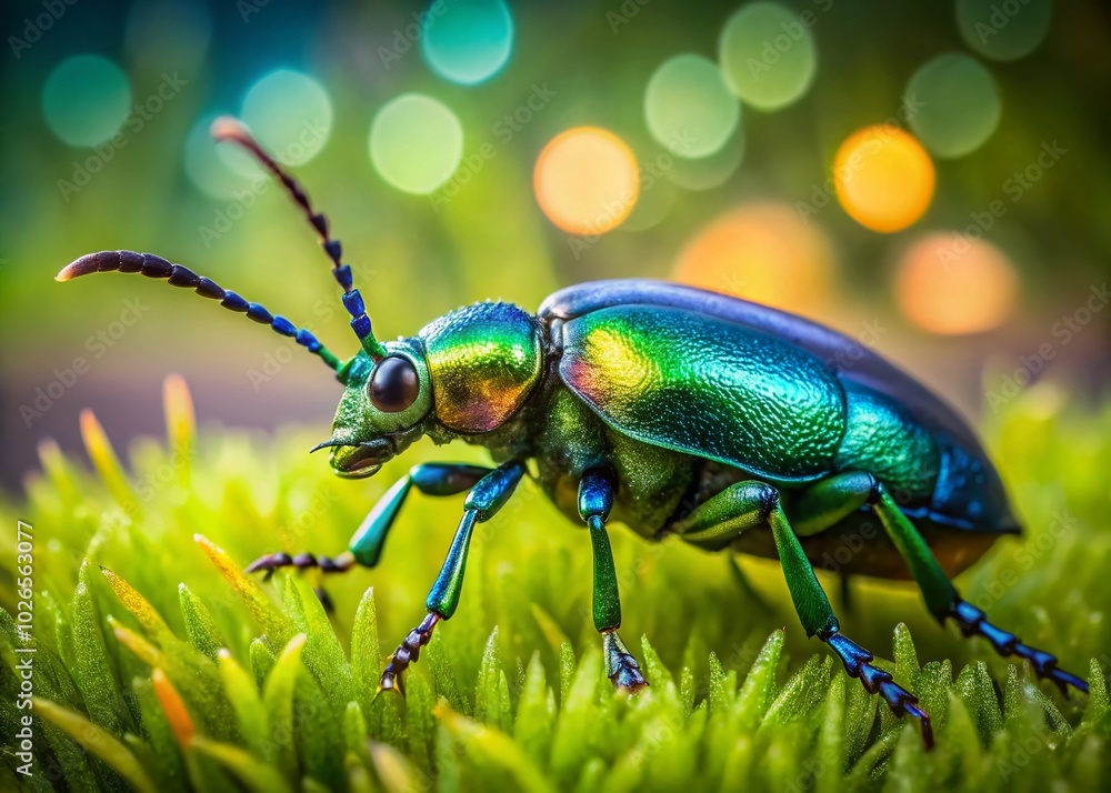 Naklejka premium Stunning Close-Up of an Oil Beetle on Green Grass - Nature's Unique Insect with Striking Colors and Features