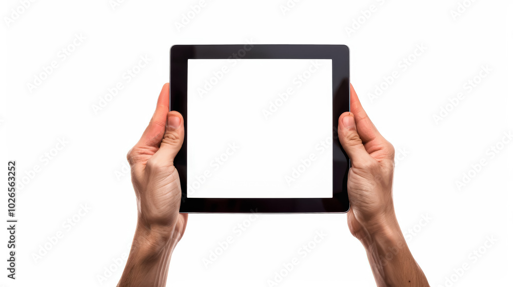 Person is holding tablet with white screen. Tablet is empty and person is holding it in their hands. mockup Person is holding tablet with white screen. Tablet is empty and person is holding it in their hands. mockup