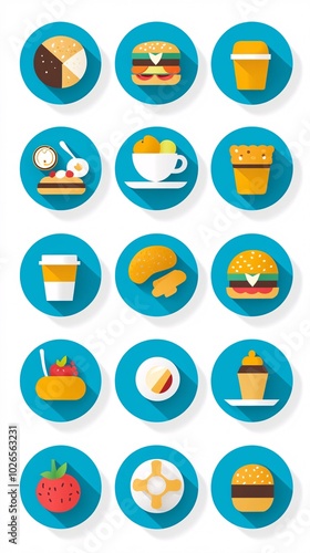 Set of 18 colorful flat icons for food, drinks and desserts.