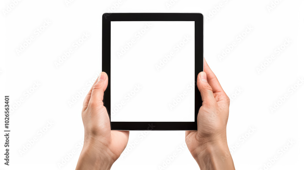 Person is holding tablet with white background. Tablet is empty and person is holding it in their hands. mockup Person is holding tablet with white background. Tablet is empty and person is holding it in their hands. mockup